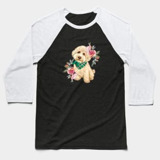 Cute Gold Labradoodle Puppy Dog with Flowers Watercolor Art Baseball T-Shirt